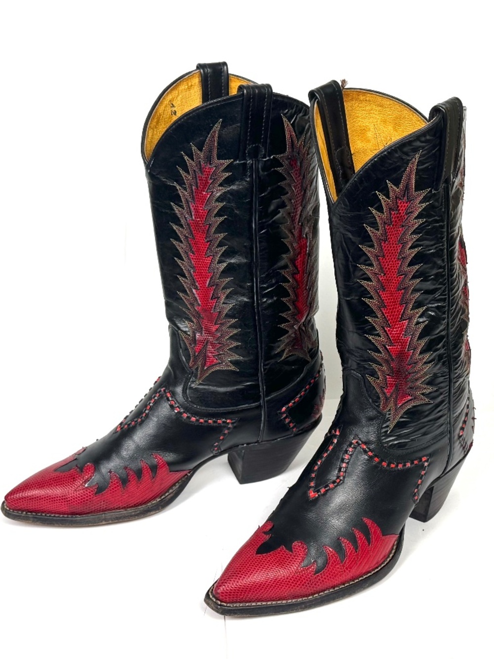 Tony Lama Classic Firewalker Black Cowboy Boots - Mens 8D Red Lizard Inlaid - Picture 1 of 12